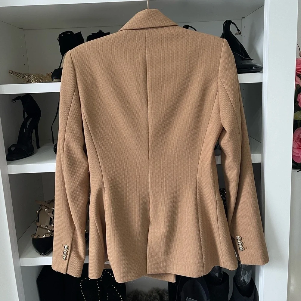 NEW WOMAN DOUBLE-BREASTED PIQUÉ BLAZER TAILORED JACKET CAMEL  XS